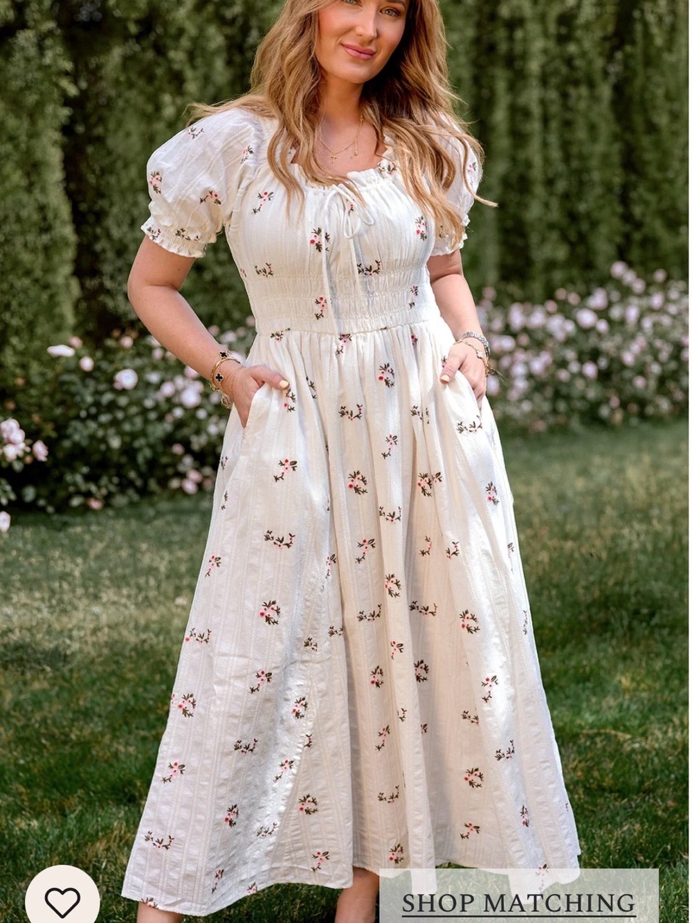 Ivy city mommy & meSmocked Puff Sleeve Floral Midi Dress - White Pink Roses